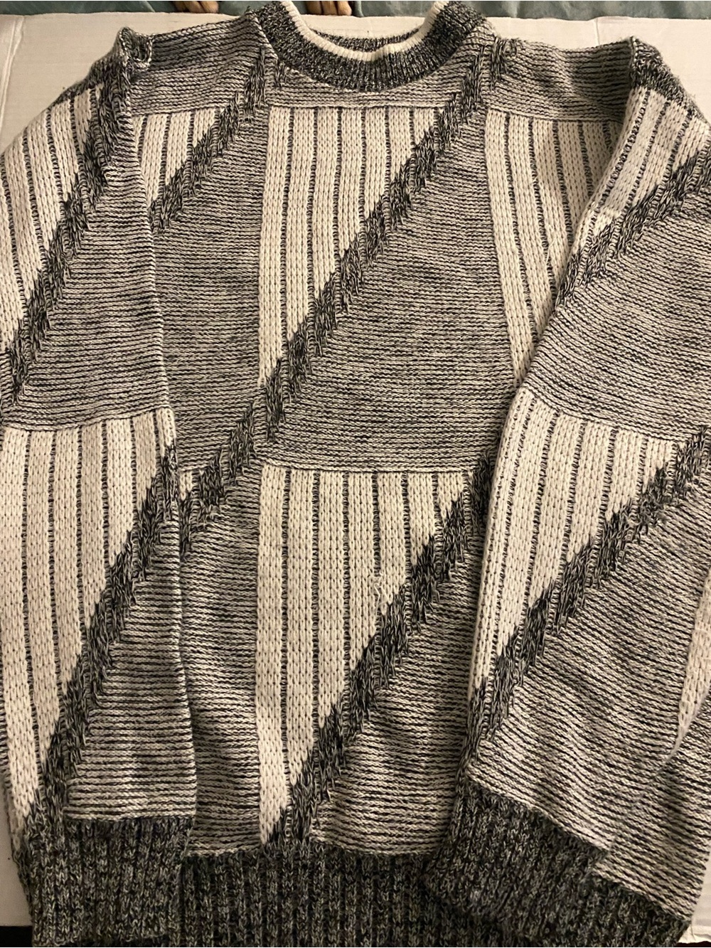 80s retro vibe Textured Black & Cream Crewneck Sweater made of aryclic